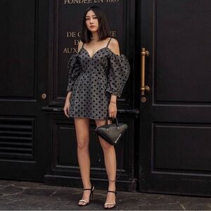 Delphine Wool-Blend Mini Dress Gray with Black Polka Dots, Puff Sleeves, Size 4
